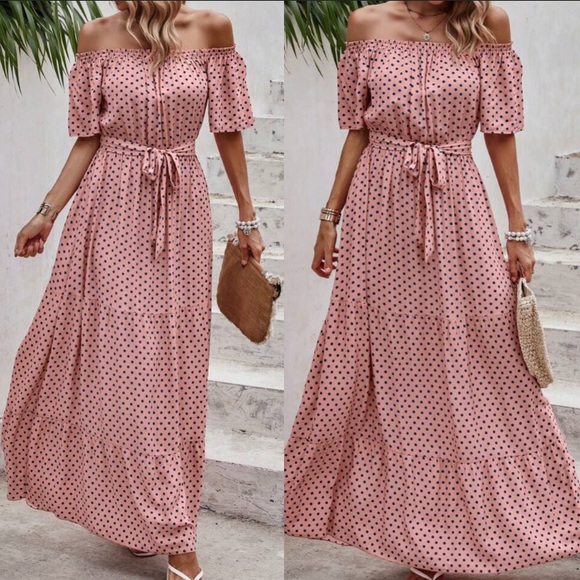 Boho polka dot off shoulder belted maxi dress - Picture 6 of 16